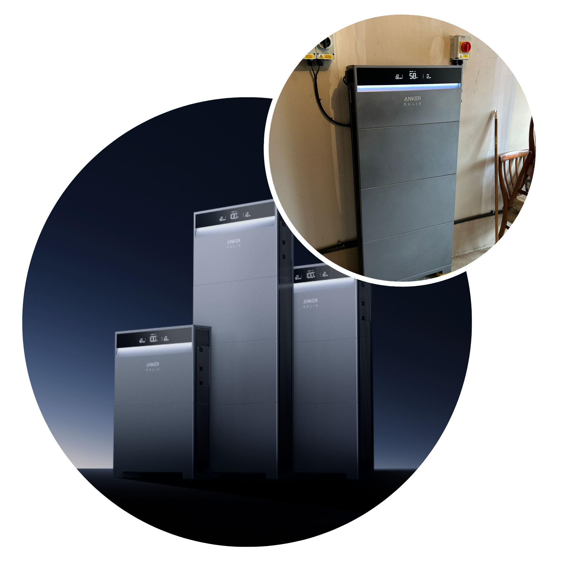 Anker Product Circles A stock photo of three Anker Solix X1 home battery stacks overlayed with an Anker Solix X1 installed at a customer's house in Scotland